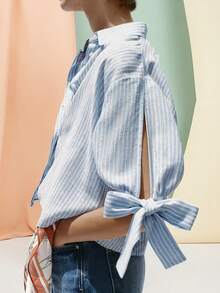 Women's Fashion Striped Lapel Shirt, Light Blue Long Sleeve Blouse With Tie Cuff Design, Short Polyester Top, Suitable For Daily Wear Spring - Blue - View 3