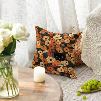 1pc Floral & Black Cat Decorative Throw Pillow Cover, Suitable For Sofa, Bedroom, Hallway In Spring & Summer