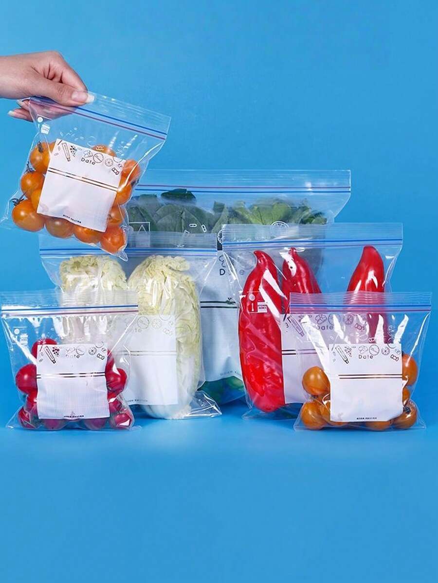 130/65/20pcs Food Storage Bags, Featuring A Double-Layer Rubber Band Design For Excellent Sealing, Thickened Material For Durability, And A Surface That Can Be Written On For Easy Record-Keeping. These Bags Are Suitable For Refrigeration, Freezing, And Heating, And Can Be Used To Store Fruits, Vegetables, Grains, Clothing, Liquids, And Snacks.