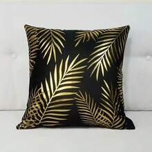 1pc Plush Foil Print Throw Pillow Cover, For Living Room, Sofa, Bedroom - Gold Leaf - View 6