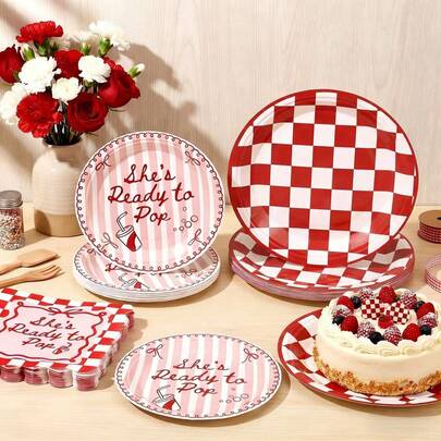 10件/20件/50件复古汽水主题婴儿派对装饰套装，包含9英寸和7英寸红白格子纸盘及餐具，适用于性别揭晓派对、怀孕公告派对、新生儿派对用品