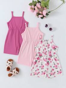 3pcs Young Girls' Fashion Solid Color Ribbed Floral Print Camisole & Pants Set - Hot Pink - View 2