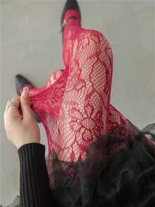 French Retro Lace Jacquard Fishnet Stockings, High Elasticity Anti-Snag Leggings, Sexy Hollow Out Pantyhose - Red - View 5