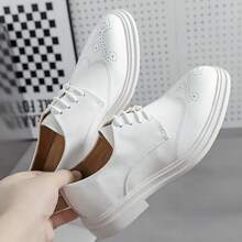 White Brogue Thick-Soled Loafers For Women British Style Lace-Up Leather Shoes Commuter Versatile Flat Shoes 2025 Spring New Style Increased Height Slimming College Style JK Uniform Shoes Daily Commuter Casual Shoes Comfortable Soft Sole - White - View 9