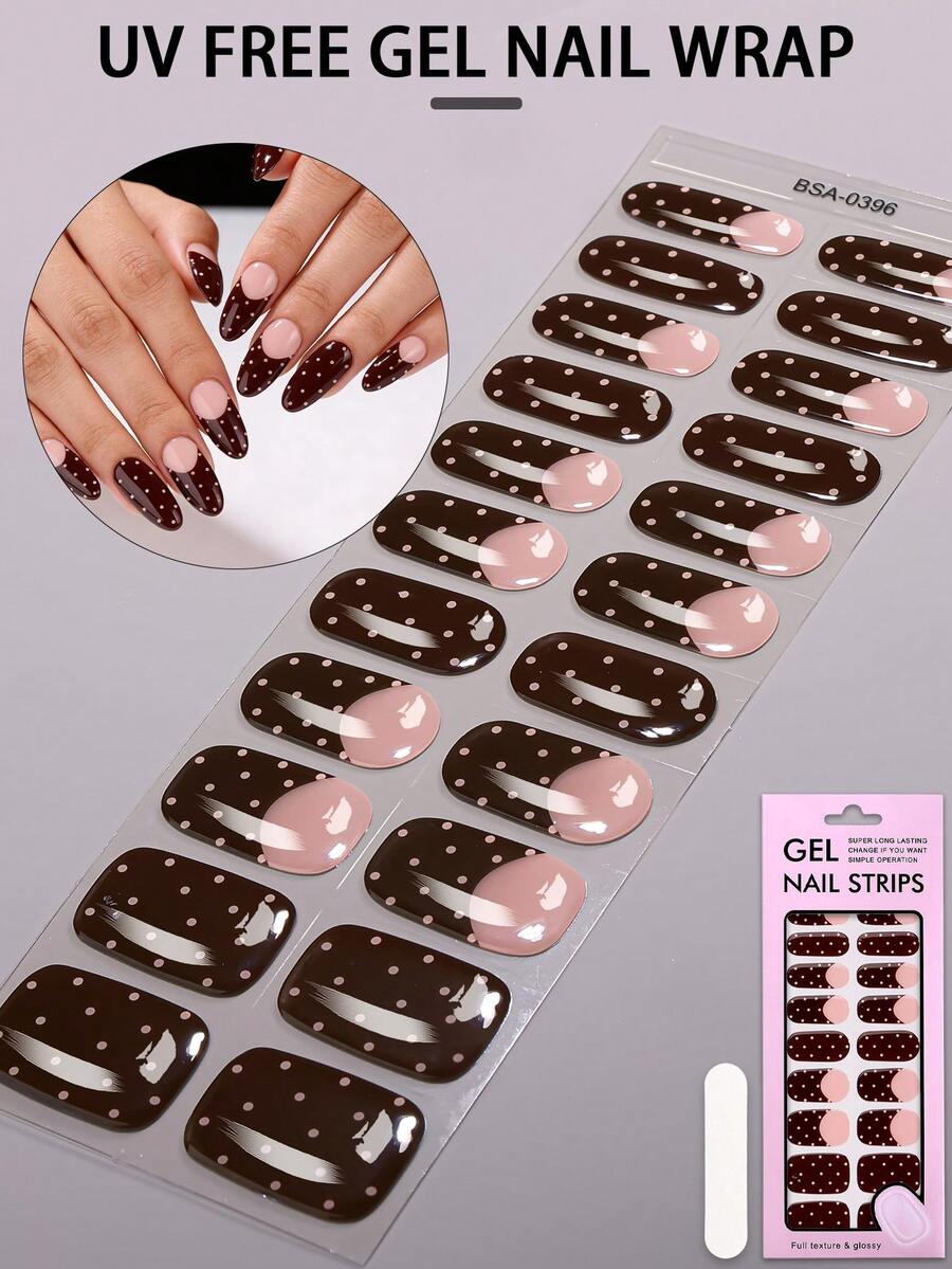 22pcs Spring/Summer Nude Brown Colour-Blocked French Polka Dot UV Free Gel Nail Strips, Playful Cute Gel Nail Stickers, No UV Damage, Protects Natural Nails, Easy To Use, Suitable For Women's Workplace Parties And Daily DIY Nail Art