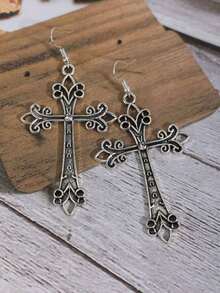 1 Đôi bông tai hình thánh giá phong cách Gothic cổ điển - Bạc - Xem 3