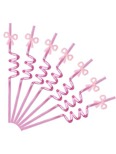 1/5pcs Reusable Plastic Straws With Glitter, Pink Bow Theme, Suitable For Birthday, Wedding, Engagement, Party Favors, Cute Party Supplies, Made Of PET Material, Food-