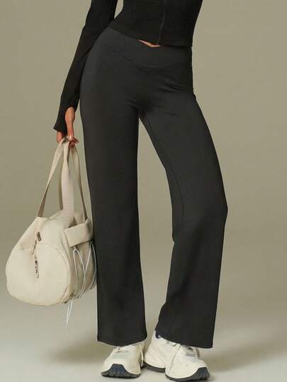 UONNOU 1pc Women's Spring/Summer Casual Wide-Leg Pants, Black High-Waist Style With V-Shaped Waistband Design, Draping Fit Slimming, Solid Color Versatile, Suitable For Outdoor Sports, Daily Casual And Commuting