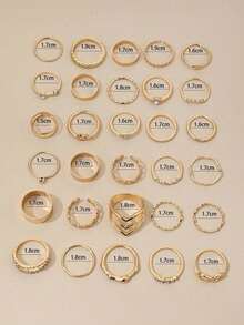 30pcs Luxury Wave Pattern Geometrically Shaped Ring With Inlaid Diamond, Suitable For Women's Daily Wear - 黃金2 - 查看 7