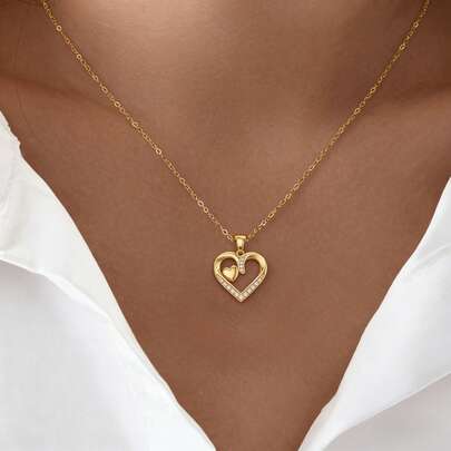 GAGAFEEL 1件经典时尚S925纯银锆石双心项链，简约奢华锁骨链，母亲节礼物
