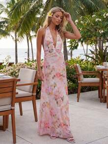 Vestido Largo Bohemio Sin Mangas Floral para Mujer, Cuello Alto y Ajustado, Ligero para Playa y Vacaciones de Verano - Rosa - Ver 4