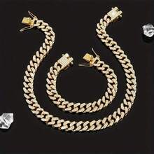 2 Pieces Hip Hop Cuban Chain Necklace & Bracelet Jewelry Set With Shining Rhinestones For Men & Women Party Favors - 嘻哈風格 - 查看 9