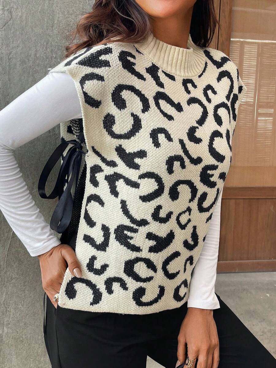 Blusa de punto sin mangas de estampado de leopardo, casual de verano - Caqui - Ver 1