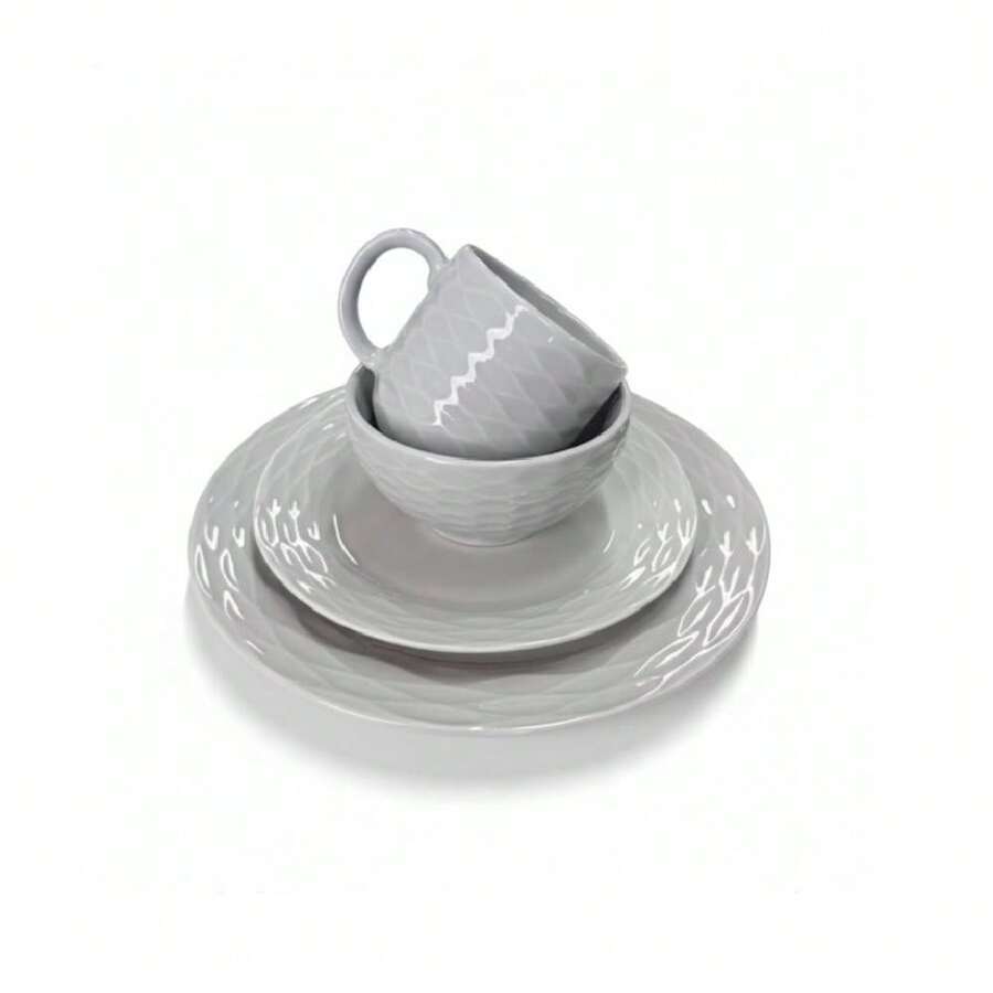 16-Piece Gray Dinner Set, Waves Pattern, Porcelain - Xám - Xem 1