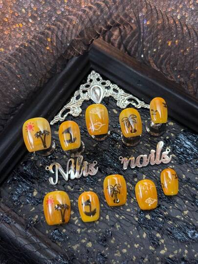 10 Pieces/Set Handmade Short Square Nails Acrylic Kit, Featuring Orange Nail Tips, Yellow Tie-Dye, Hand-Painted Red Sun, Black Coconut Tree, And Geometric Patterns. This Cute Girly Y2K Style Nail Art Set Is Perfect For Women And Girls To Wear On Festivals, Daily Occasions, Gatherings, Parties, And More. The Set Includes 1 Mini Nail File And 1 Double-Sided Adhesive Label.