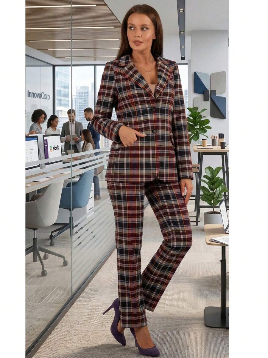 Elegant Women's Plaid Long-Sleeved Collar Suit Set, Paired With Regular Trousers, Woven Fabric, Two-Piece Set With A Warm Inner Lining. - Multicolor - View 1