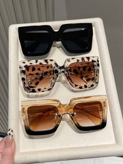 3副女士塑料渐变豹纹彩色方框渐变镜片百搭闺蜜风眼镜，完美时尚组合，适合商务休闲女性、街头风、周末穿搭配饰