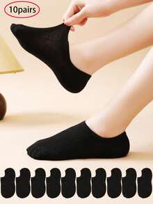10 Pairs Women's Breathable Invisible Liner Socks, Footsie Socks, Black, Spring/Summer - Black - View 1