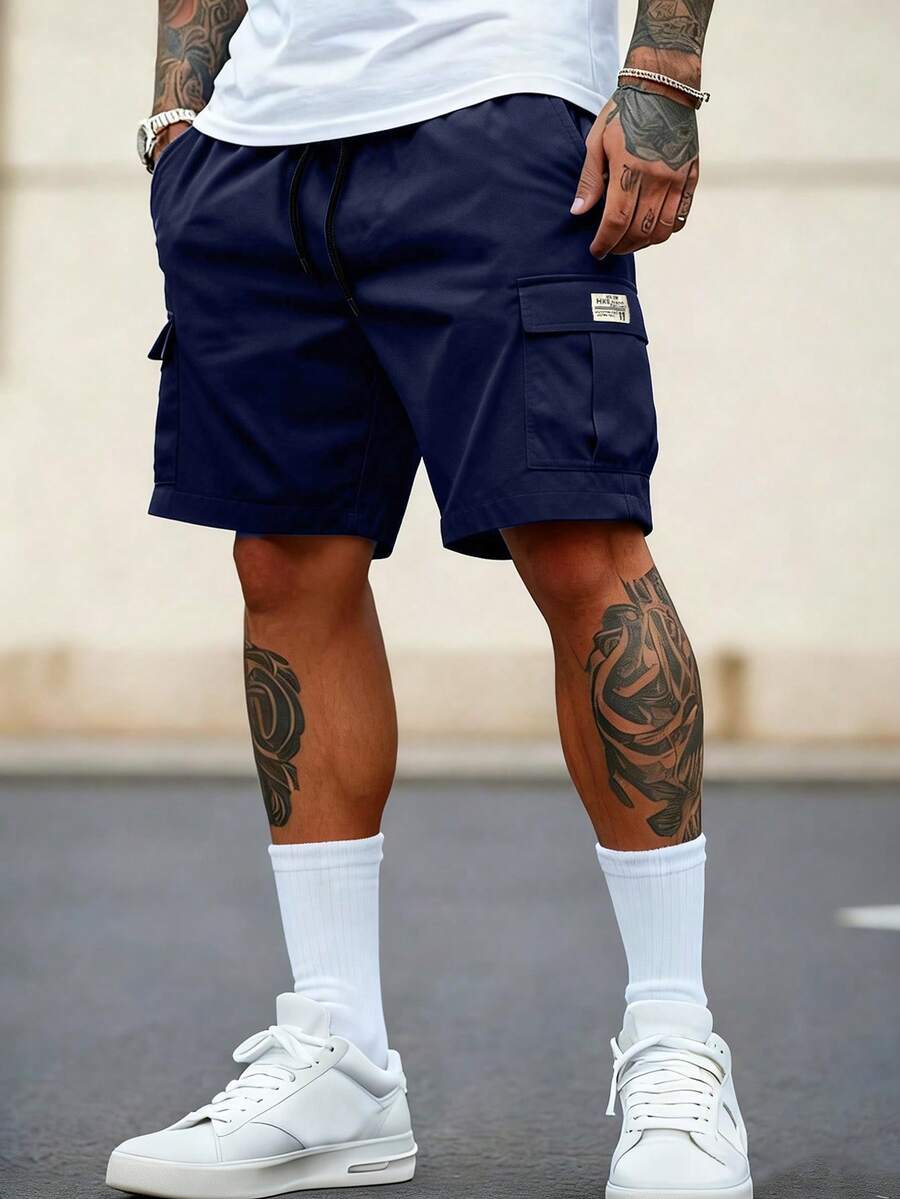 Pantalones cortos cargo de verano casuales para hombres de unicolor y de múltiples bolsillos - Azul Marino - Ver 1