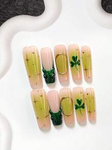 10pcs Spring Clover Style Handmade Nail Art Set, Including Gel Nail Kit, Clover Decor, Golden Glitter, Green Nail Polish, Fresh Lucky Style, With Nail Tools (1 Jelly Sticker + 1 Nail File), 3 Size Options Suitable For Almond, Duck Mouth, Coffin Nails, Applicable For Party, Daily, Party, Photography, Spring/Summer Commute - Multicolor - View 18