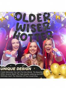 Older Wiser Hotter Glitter Banner Funny Birthday Banner For Women 30th 40th 50th 60th 70th 80th Birthday Party Decorations Sign Gift(Black) - Banner - View 6