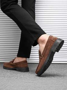 男士棕色绒面革一脚蹬乐福鞋，经典高品质皮革防滑舒适厚底休闲正装鞋，商务/休闲英伦风乐福鞋，适合春秋季穿着 - 棕色 - 查看 5