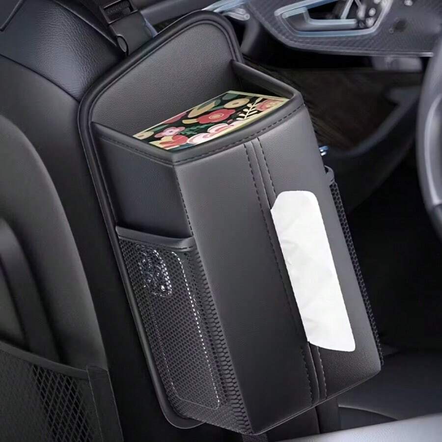 1pc Multi-Function Car Seat Side Storage Bag - Made Of PU Leather, With Tissue Dispenser, Net Pocket For Phone And Pen, Car Seat Side Tissue Holder, Car Hanging Bag, Multi-Purpose Tissue Box Storage Bag