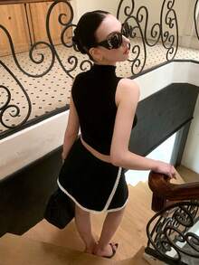 撞色高腰喇叭下摆休闲半身裙，女士春夏款 - 黑色 - 查看 3