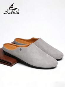 Salkin 新款时尚设计师男士穆勒拖鞋，透气柔软的套脚乐福鞋，优雅绅士拖鞋，带足弓支撑的男士家居鞋，柔软皮革，防滑橡胶鞋底，适合室内/室外办公休闲穿着，舒适凉鞋，父亲节/丈夫节/男友节的理想礼物，建议选大一码。 - 灰色 - 查看 9