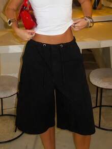 Bermuda Cargo Shorts For Women Casual Elastic Drawstring Knee Length Shorts Casual Loose SweatShorts Multi Pocket Relaxed Fit - 黑色 - 查看 6