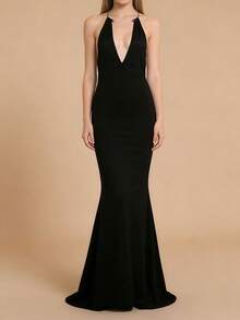 Women's Metal Ring Halter Neck Long Dress - Sleeveless Open Back Solid Color Bodycon Fishtail Dress For Summer Party - Black - View 8