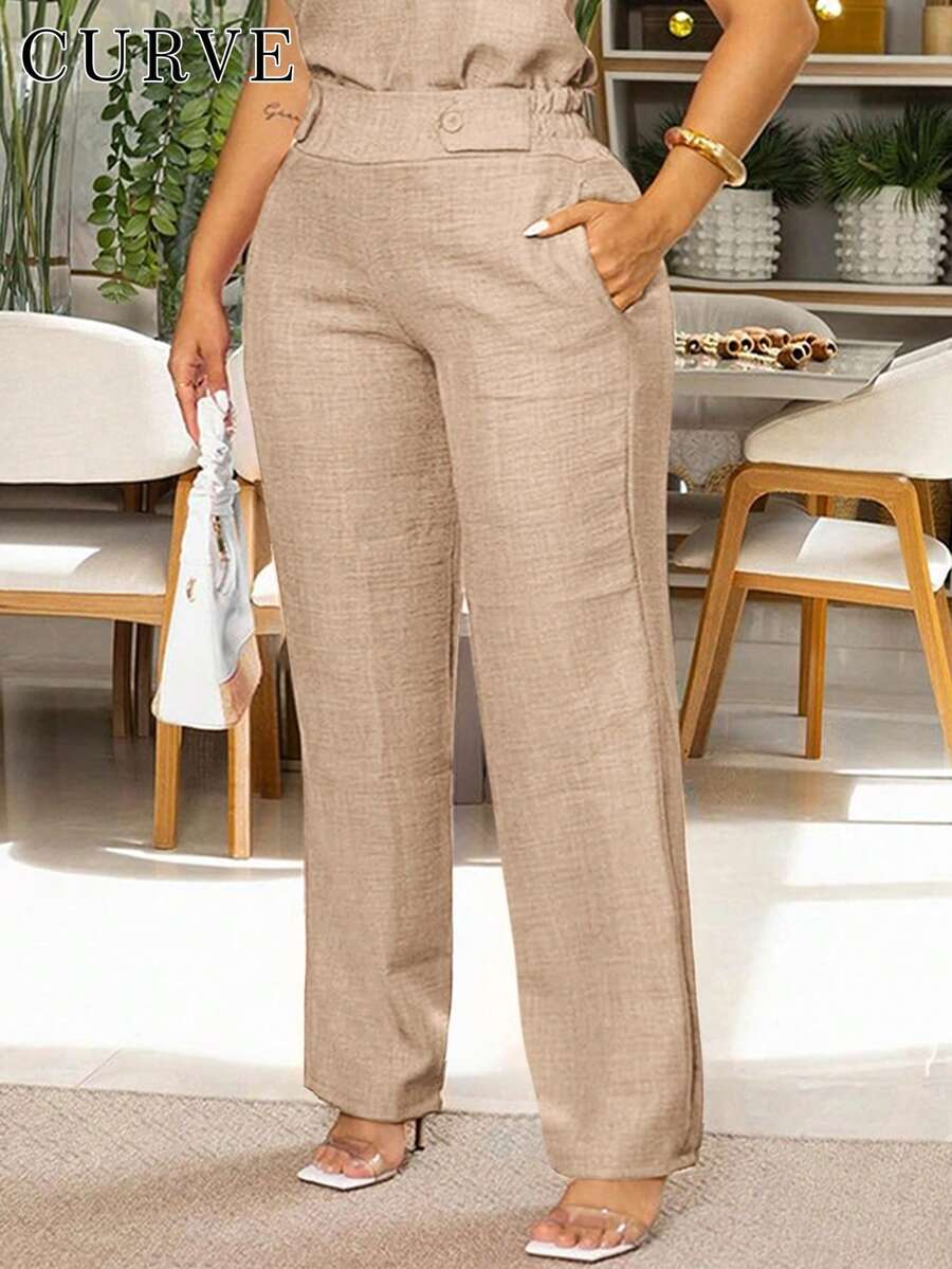 Plus Size Women's Fashionable Casual Elegant Pants With Oblique Pockets And Button Details, Suitable For Commuting Spring - Light Khaki - View 1