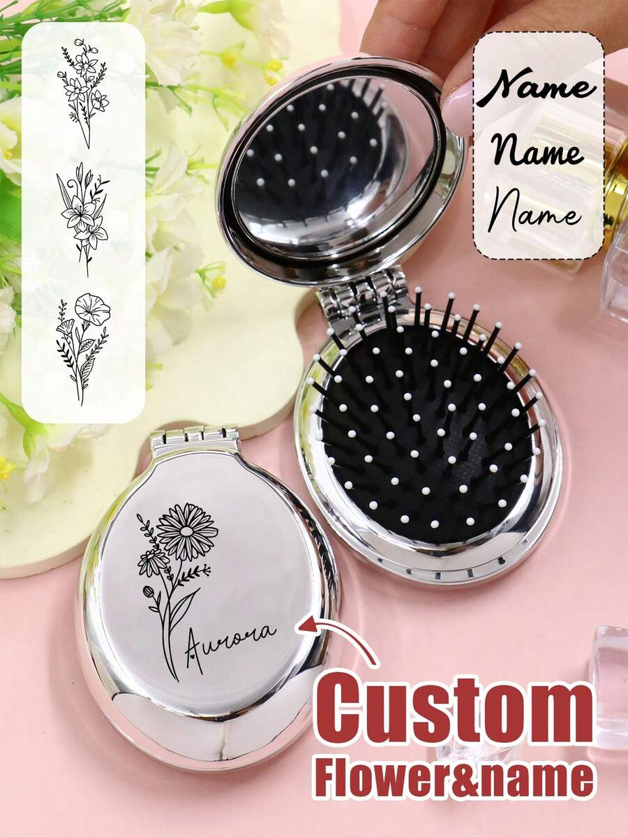 Custom Name Folding Mirror Comb With Birth Flower, Personalized Compact Mirror With Brush For Travel Makeup Daily Use, Elegant Mini Hair Comb Mirror For Purse Vanity, Meaningful Mother's Day Birthday Gift For Mom Wife Friend, Customized Portable Beauty Tool, Customizable Unique Keepsake