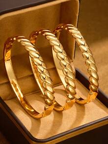 1/2/3 PiecesFashion Classic Shiny Plated 24k Gold Stainless Steel Hand-Carved Bracelet With Smooth Twist , With Diameter Of 60mm That Can Be Opened , Suitable For Women's Daily Wear , Excluding Box - Multicolor - View 8