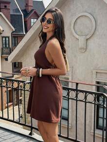 PoPoHouse Women's Elegant 100% Cotton Mini Dress Sexy Backless Tie Waist Deep V Neck Halter Dress For Summer Casual Beach Vacation Daily Commute Going Out Outfit Brown Dress - Brown - View 11