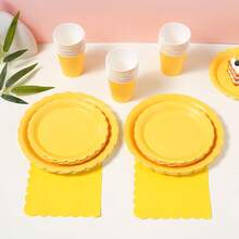 Yellow Flower Petal Disposable Tableware Set, 7/9 Inch Party Plates, Disposable Paper Plates, Cups, Napkins, Suitable For Holidays, Weddings, Engagements, Birthdays, Parties, Celebrations - Multicolor - View 4