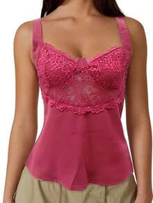 Women's Lace Patchwork Tank Tops Summer Fashionable V Neck Ruffle Hem Going Out Vest - Hot Pink - View 2