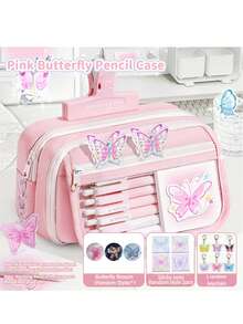 1 Bộ Hộp Bút Hình Bướm Dung Lượng Lớn (Bao gồm 1 Ghim Ghim Huy Hiệu + 2 Sổ Ghi Nhớ + 1 Móc Khóa) Bộ 4 Món Chuẩn Bị Cho Năm Học Mới, Hộp Lưu Trữ Văn Phòng Phẩm Nhiều Tầng Dành Cho Học Sinh với Hộp Vải Canvas. Bộ sản phẩm này bao gồm Nhãn Dán và Hộp Bút. - Bộ bướm - Xem 12