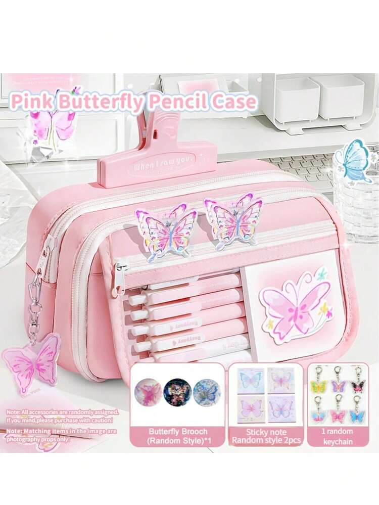 1 Bộ Hộp Bút Hình Bướm Dung Lượng Lớn (Bao gồm 1 Ghim Ghim Huy Hiệu + 2 Sổ Ghi Nhớ + 1 Móc Khóa) Bộ 4 Món Chuẩn Bị Cho Năm Học Mới, Hộp Lưu Trữ Văn Phòng Phẩm Nhiều Tầng Dành Cho Học Sinh với Hộp Vải Canvas. Bộ sản phẩm này bao gồm Nhãn Dán và Hộp Bút. - Bộ bướm - Xem 12