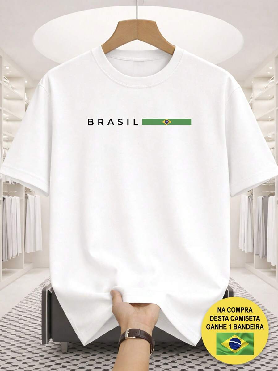 T-Shirt With Brazil Print, 100% Cotton, Casual, Comfortable, Supporting The Brazilian National Team, World Cup Hexa + Free Brazilian Flag - trắng - Xem 1