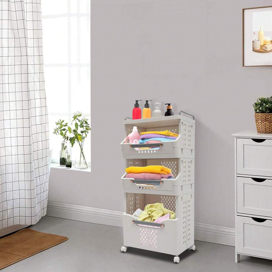 RibasuBB 3-Tier Foldable Laundry Organizer With Wheels, Stackable Rectangular Hamper With Brakes, Foldable Space-Saving Laundry Basket For Small Spaces - Black and White - View 1