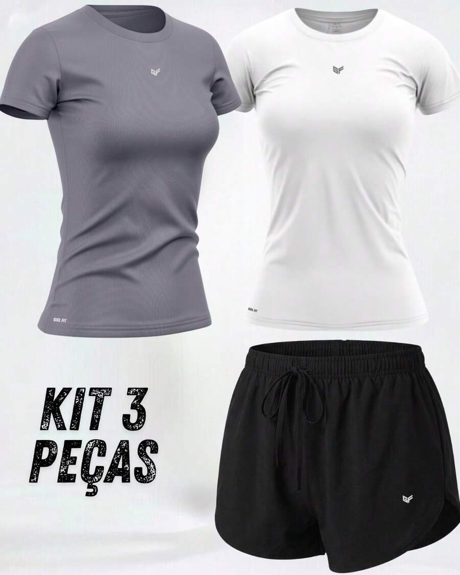 Women's 3-Piece Gym Kit: 2 Dry Fit T-Shirts + Comfortable Tactel Shorts - Women's 3-Piece Fitness Set With 2 Dry Fit Tops + Lightweight Shorts - E套件 - 查看 1
