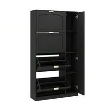 Modern Shoe Cabinet With Mirror, 4 Fold-Down Storage Compartments, Adjustable Shelf Behind The Right Mirror, Ideal For The Hallway, Black, Dimensions: W80/H147/D24 Cm - View 6