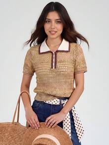 Women's Casual Contrast Color Design Lapel Short Sleeve Top, Summer - Khaki - View 3