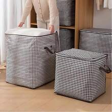 1 pieza Bolsa de almacenamiento de prendas de gran capacidad con estampado de pata de gallo, caja organizadora con cremallera a prueba de polvo, caja de manta ligera adecuada para el armario, caja de almacenamiento extra grande y gruesa, contenedor de almacenamiento con cremallera a prueba de polvo, bolsa con estampado de pata de gallo - Gris Claro - Ver 1