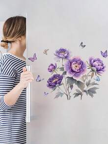 Pegatinas de pared con flores de peonía moradas y mariposas para dormitorio, sala de estar y baño, adhesivas, decoración floral y de plantas para el inodoro - Multicolor - Ver 5