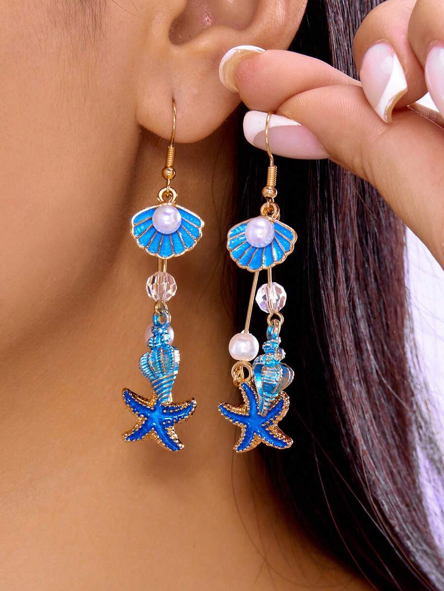 Bông tai đại dương tươi mát và sảng khoái - Bông tai vỏ sò thời trang và đa năng với thiết kế ốc sên và sao biển dành cho nữ. - Bông tai hình vỏ sò và sao biển - Xem 1