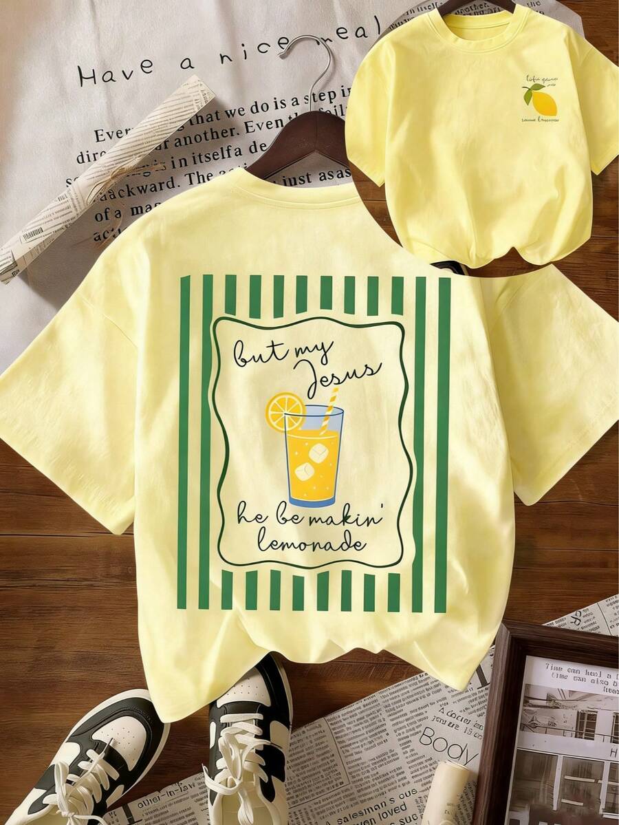 [100% Cotton] Jesus Lemonade Shirt, But My Jesus He Be Makin' Lemonade, Women Graphic Tee Unisex Plus Size Casual Summer Short Sleeve Daily T-Shirt - 黃色 - 查看 1