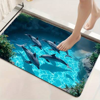 1 Piece Of Super Absorbent Bathroom Mat - Non-Slip Backing, Quick-Drying Bathroom Mat, Dolphin Bay Ocean-Themed Soft Diatomite Mat For Bathroom, Kitchen, And Laundry, Suitable For Shower, Bathtub, And Floor - Ideal Holiday Gift For Christmas, Bathroom Decoration - Easy To Clean, Bathroom-Specific Mat