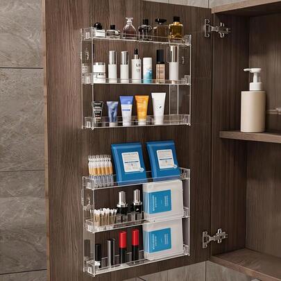 1pc/2pcs Makeup Organizer Rack, Wall Mounted Display Shelf, Multi-Function Wall Shelf, Makeup & Nail Tools Storage Rack, Transparent Plastic, Detachable 3-Tier Wall Rack, Makeup Display Box, Bathroom Storage, Bedroom Storage, Bathroom Shelf, Bathroom Accessories